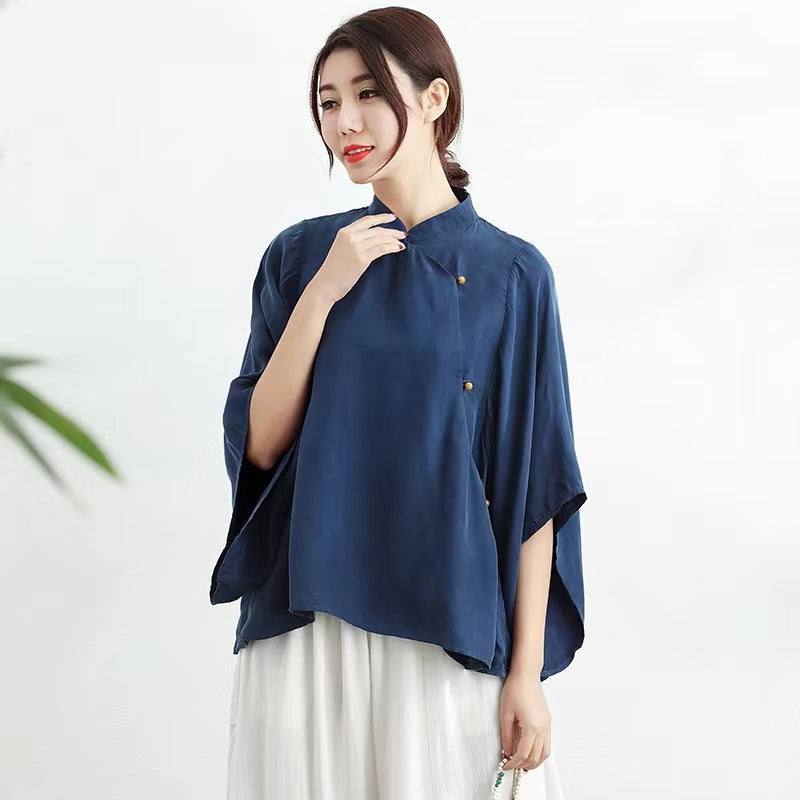Plus Size Blue Loose Cheongsam Blouse
