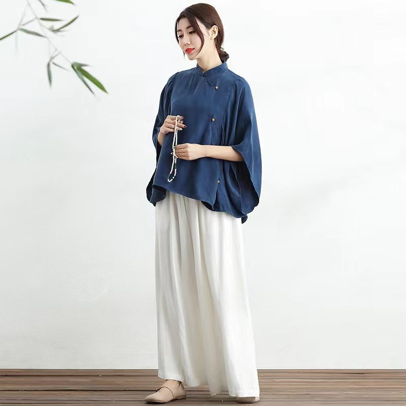 Plus Size Blue Loose Cheongsam Blouse