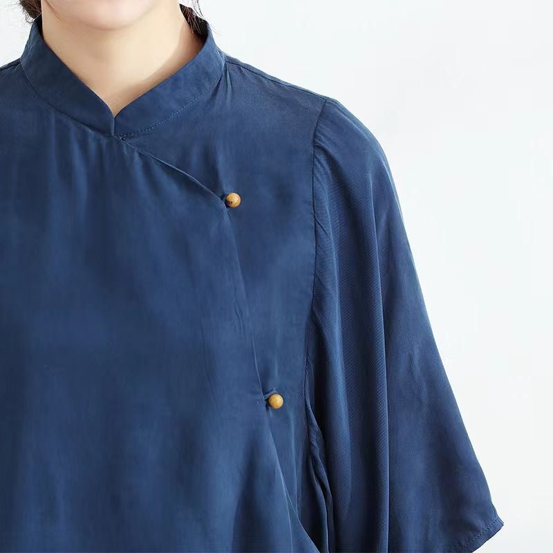 Plus Size Blue Loose Cheongsam Blouse