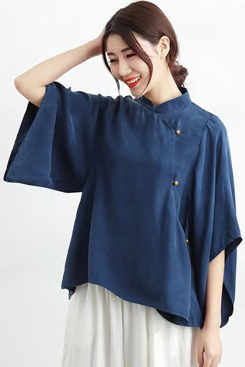 Plus Size Blue Loose Cheongsam Blouse