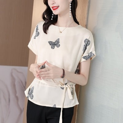 Plus size butterfly chiffon waist tie blouse
