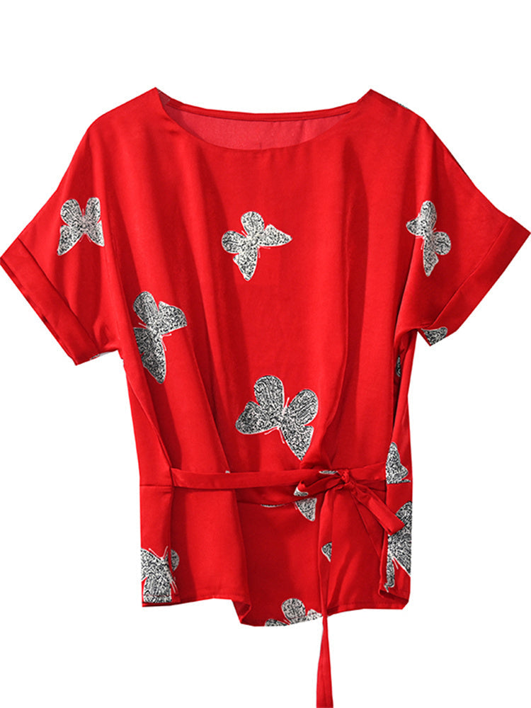 Plus size butterfly chiffon waist tie blouse