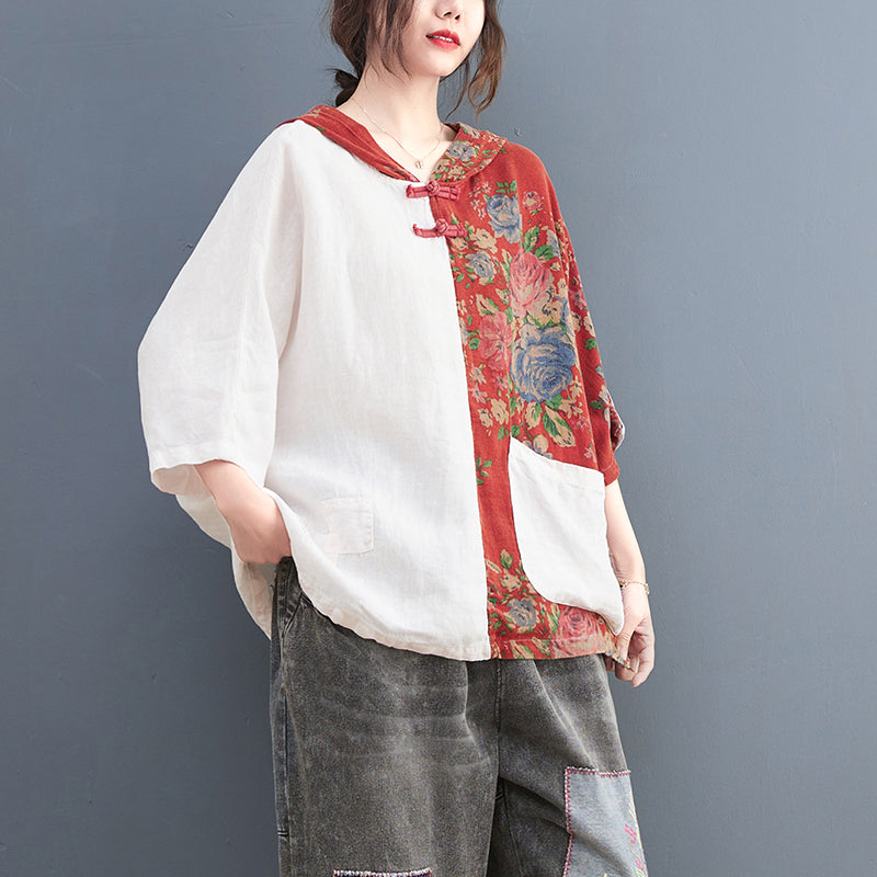 Plus Size Cheongsam Hoody Colourblock Blouse