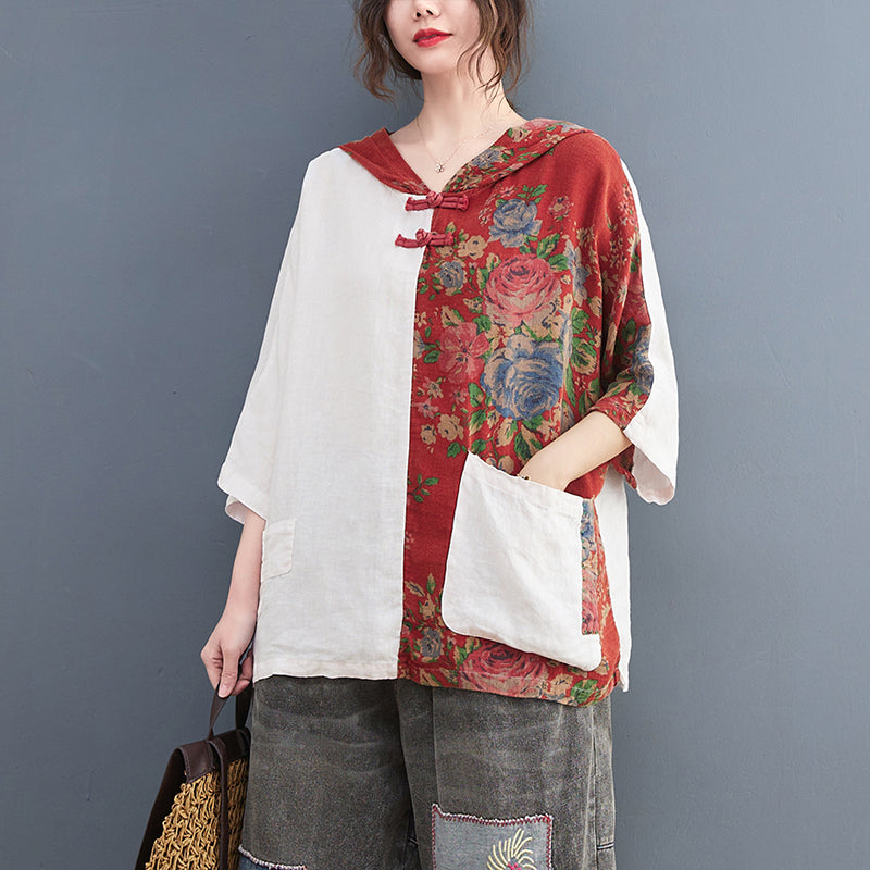 Plus Size Cheongsam Hoody Colourblock Blouse