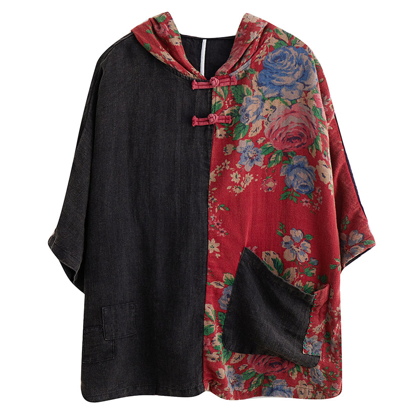 Plus Size Cheongsam Hoody Colourblock Blouse