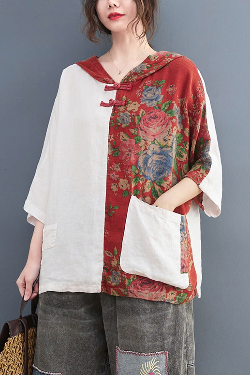 Plus Size Cheongsam Hoody Colourblock Blouse
