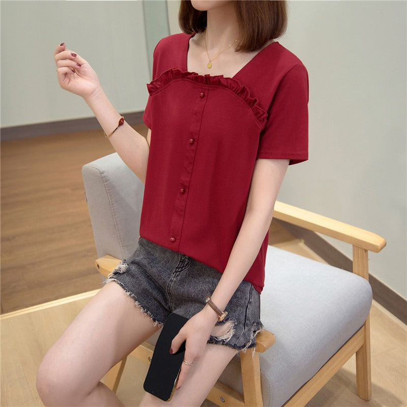 Plus Size Chiffon Frill Square Neck Blouse