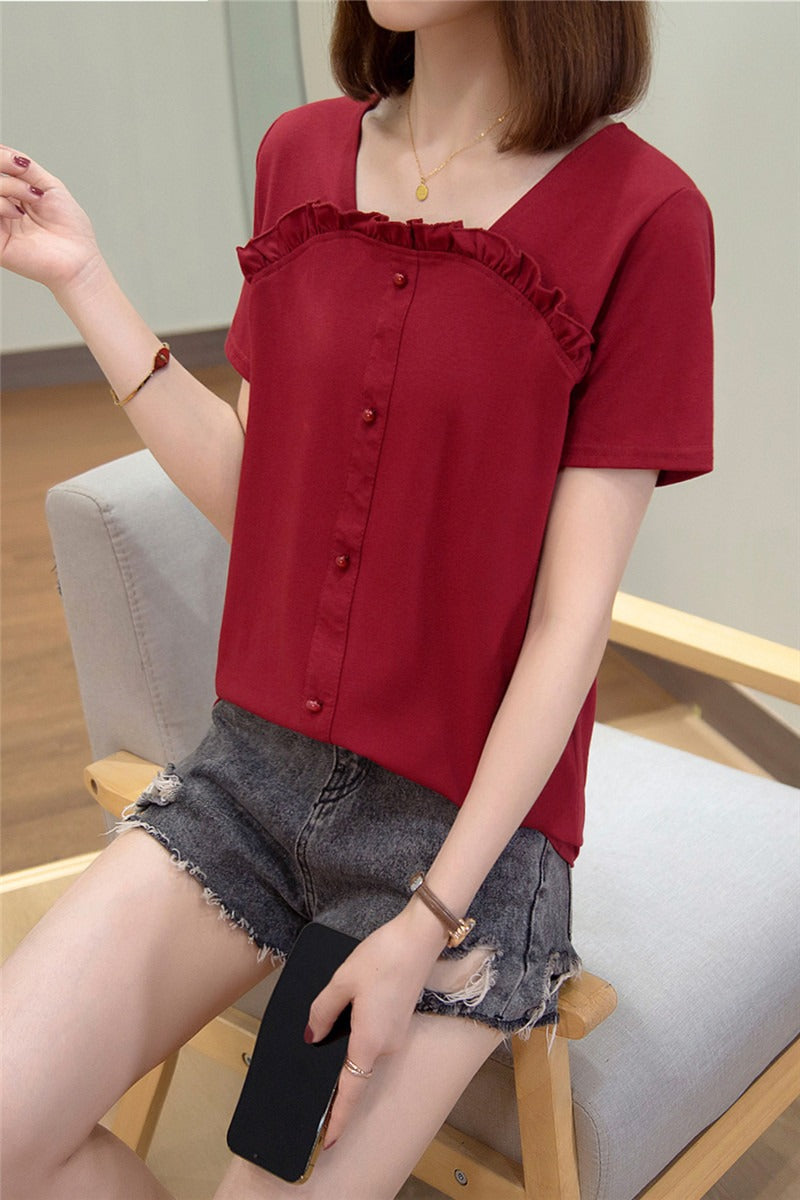 Plus Size Chiffon Frill Square Neck Blouse