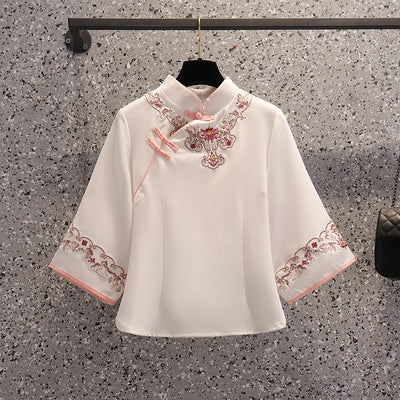 Plus size embroidery oriental cheongsam blouse and skirt set