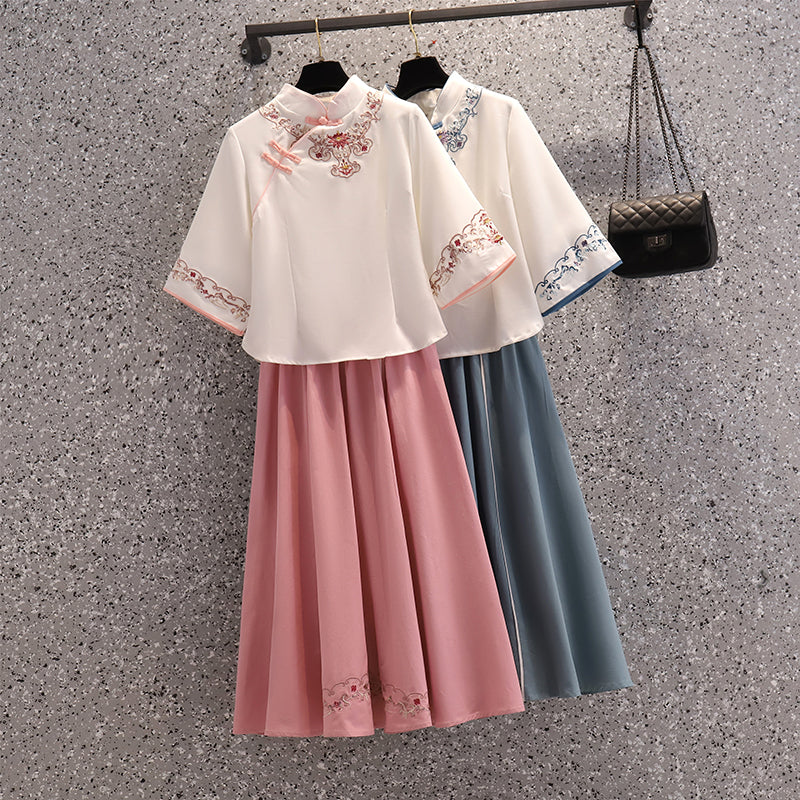 Plus size embroidery oriental cheongsam blouse and skirt set