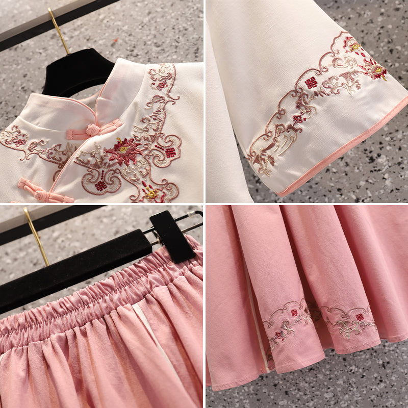 Plus size embroidery oriental cheongsam blouse and skirt set