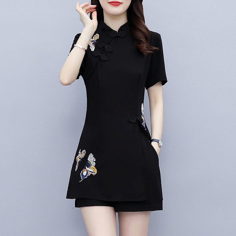 Plus size embroidery tunic cheongsam blouse and shorts set