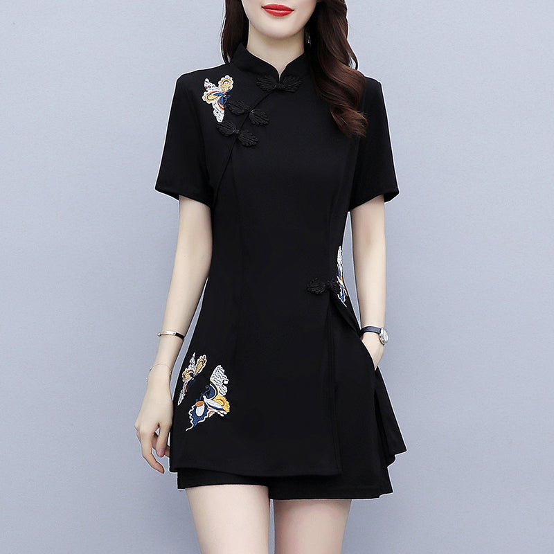 Plus size embroidery tunic cheongsam blouse and shorts set