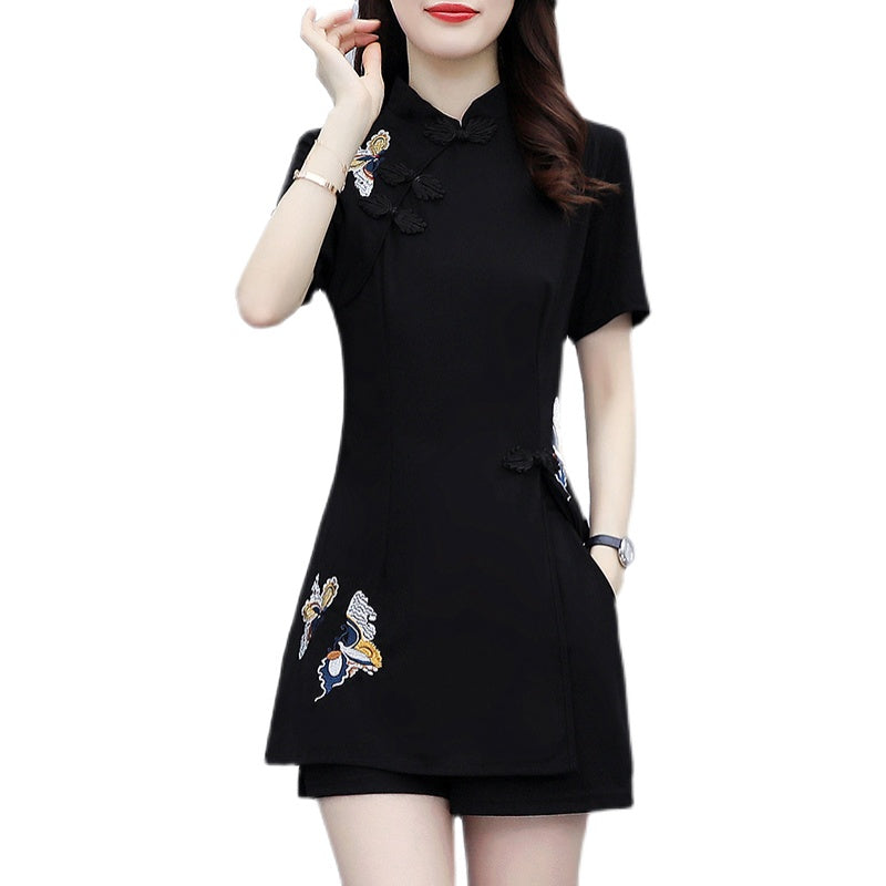 Plus size embroidery tunic cheongsam blouse and shorts set