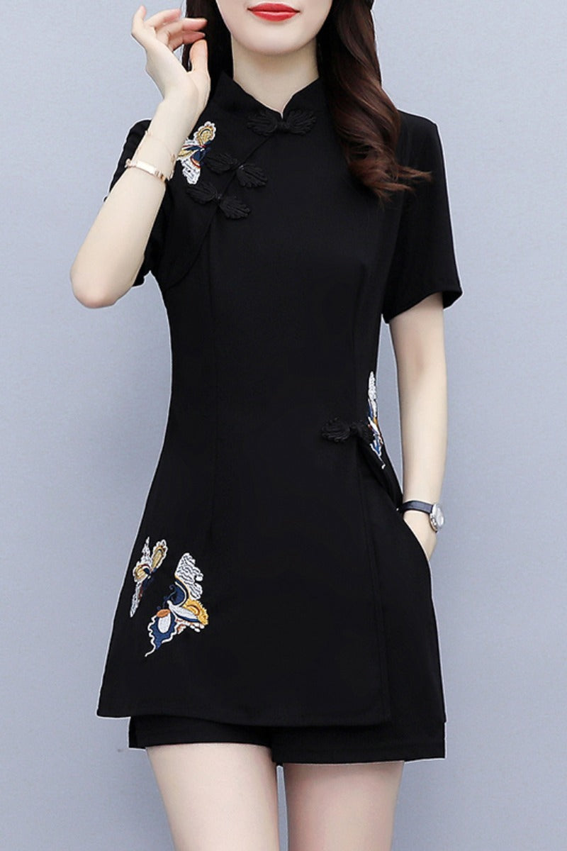 Plus size embroidery tunic cheongsam blouse and shorts set
