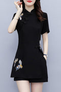 Plus size embroidery tunic cheongsam blouse and shorts set