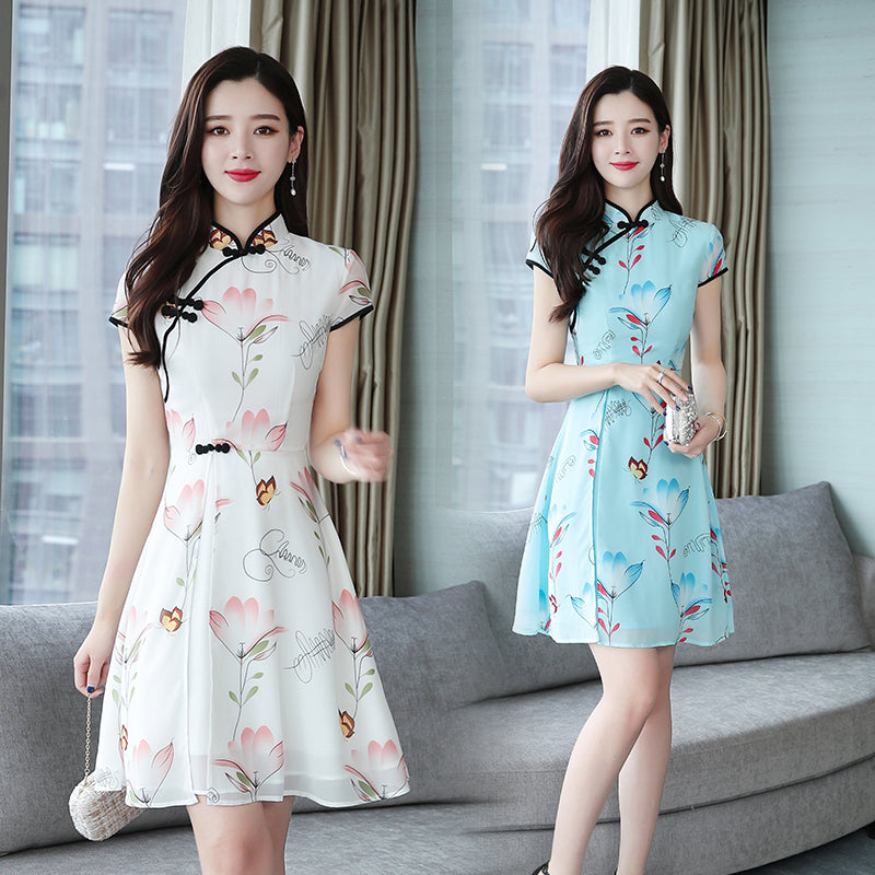 Plus Size Floral Chiffon Cheongsam Dress
