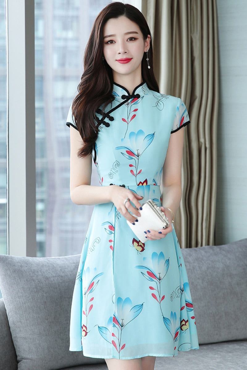 Plus Size Floral Chiffon Cheongsam Dress