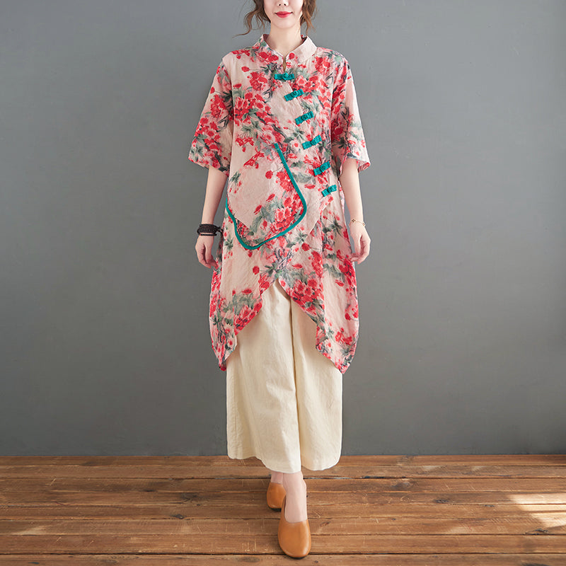 Plus Size Floral Pocket Loose Cheongsam Tunic Blouse