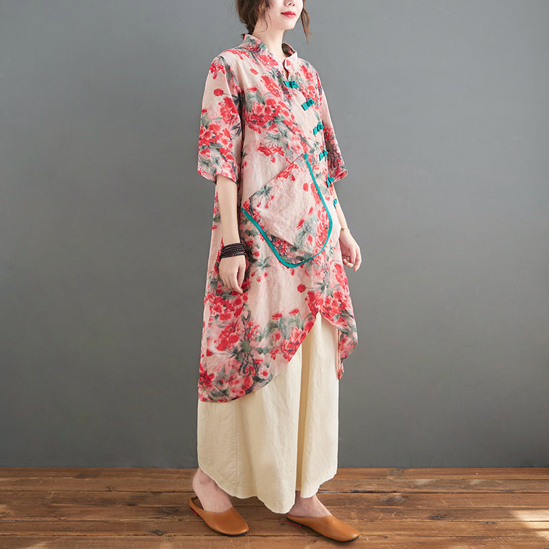 Plus Size Floral Pocket Loose Cheongsam Tunic Blouse