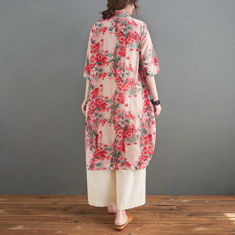 Plus Size Floral Pocket Loose Cheongsam Tunic Blouse