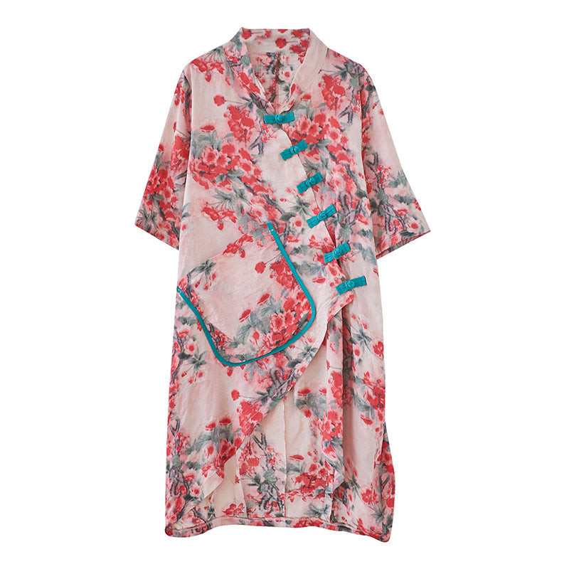 Plus Size Floral Pocket Loose Cheongsam Tunic Blouse