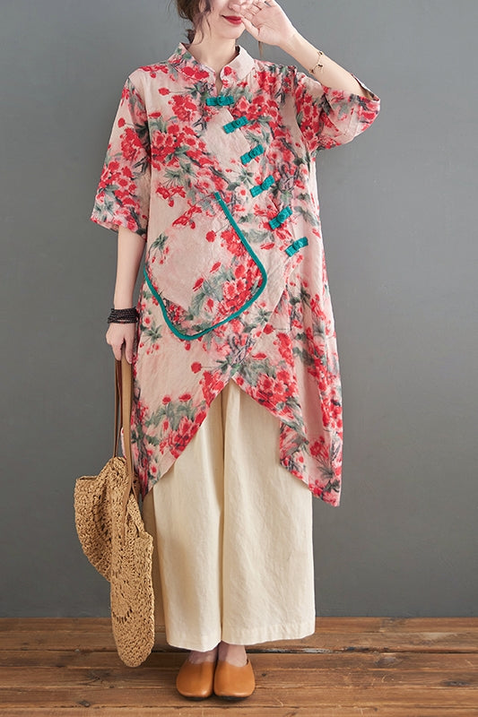 Plus Size Floral Pocket Loose Cheongsam Tunic Blouse