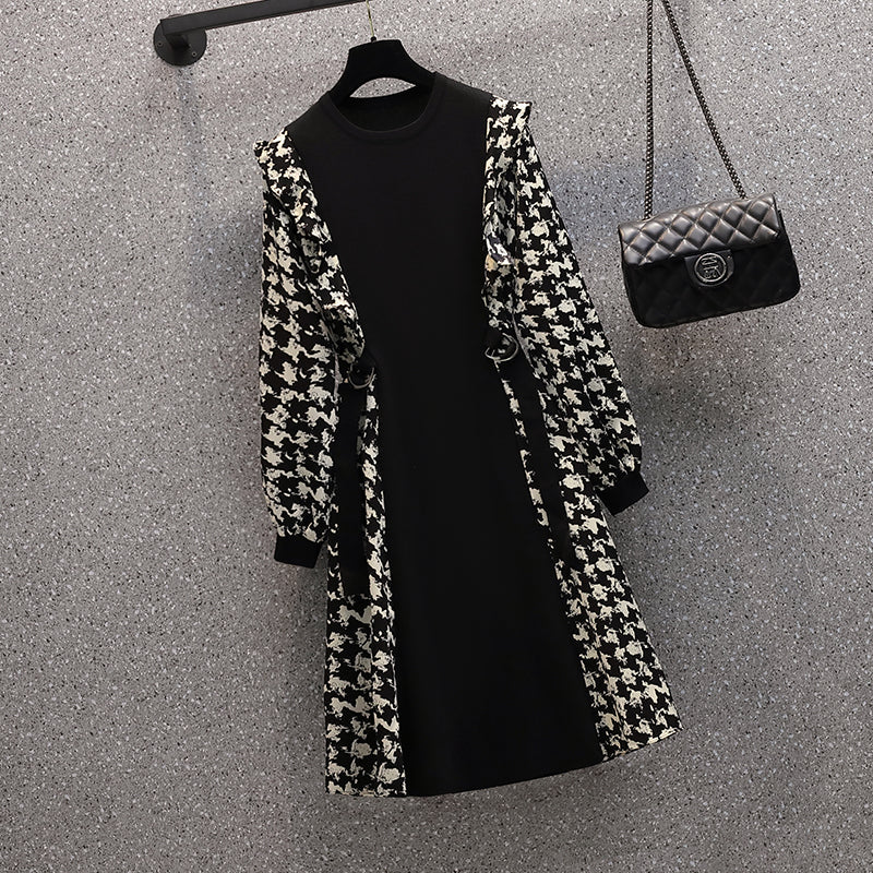 Plus Size Hounstooth Illusion Long Sleeve Dress
