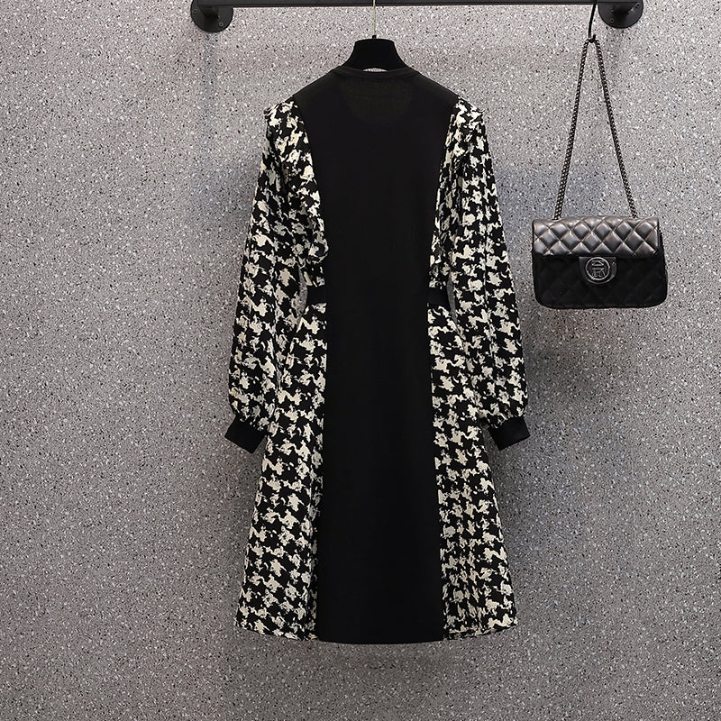 Plus Size Hounstooth Illusion Long Sleeve Dress