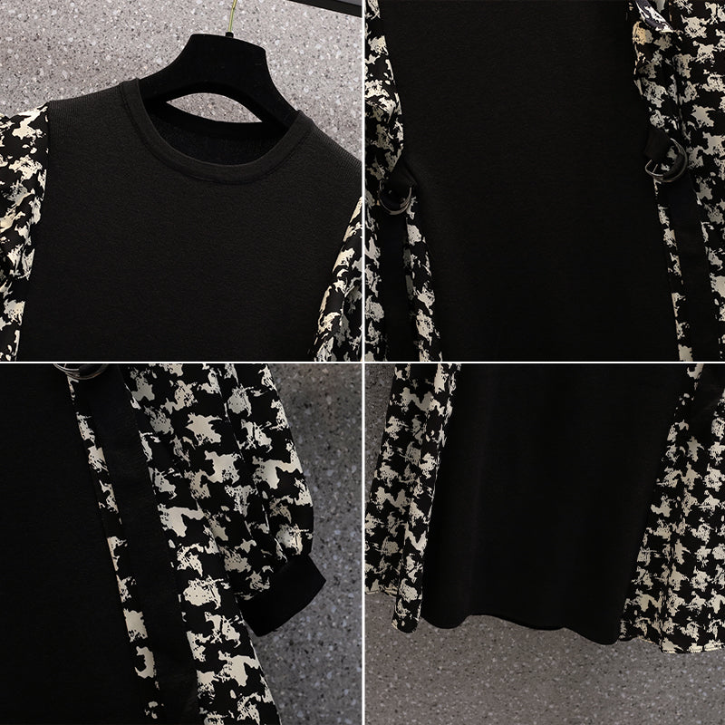Plus Size Hounstooth Illusion Long Sleeve Dress