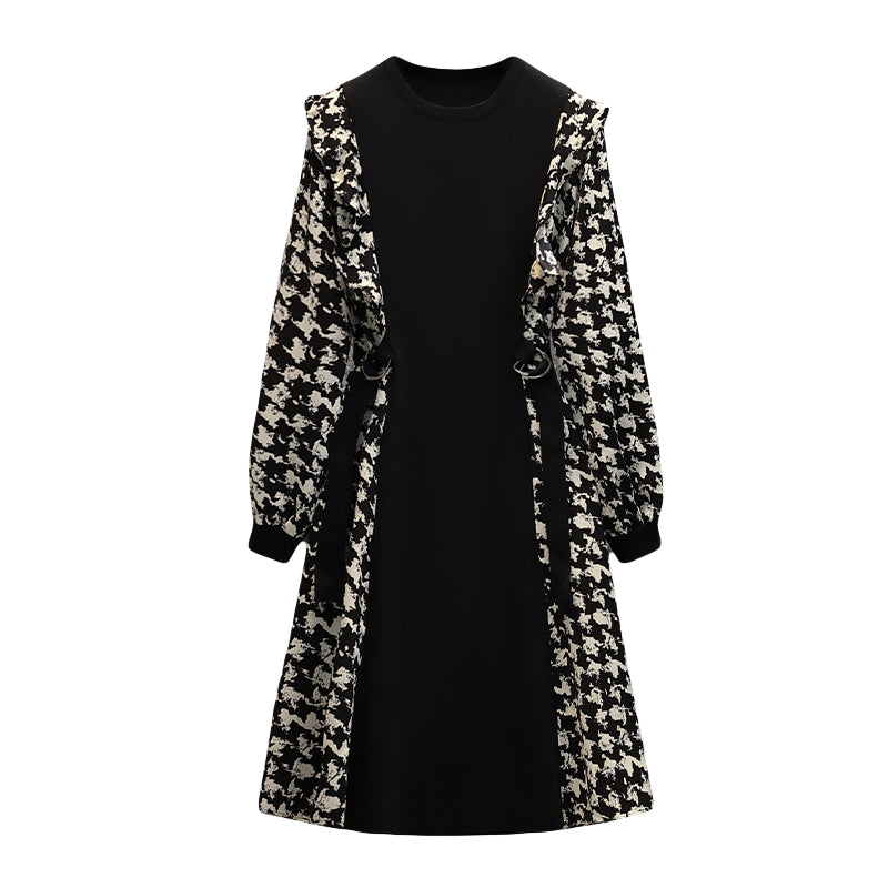 Plus Size Hounstooth Illusion Long Sleeve Dress