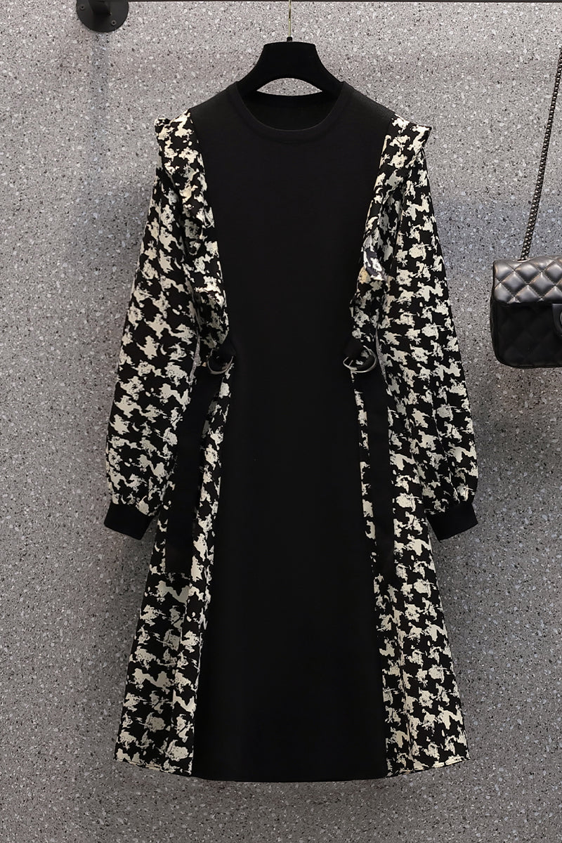 Plus Size Hounstooth Illusion Long Sleeve Dress