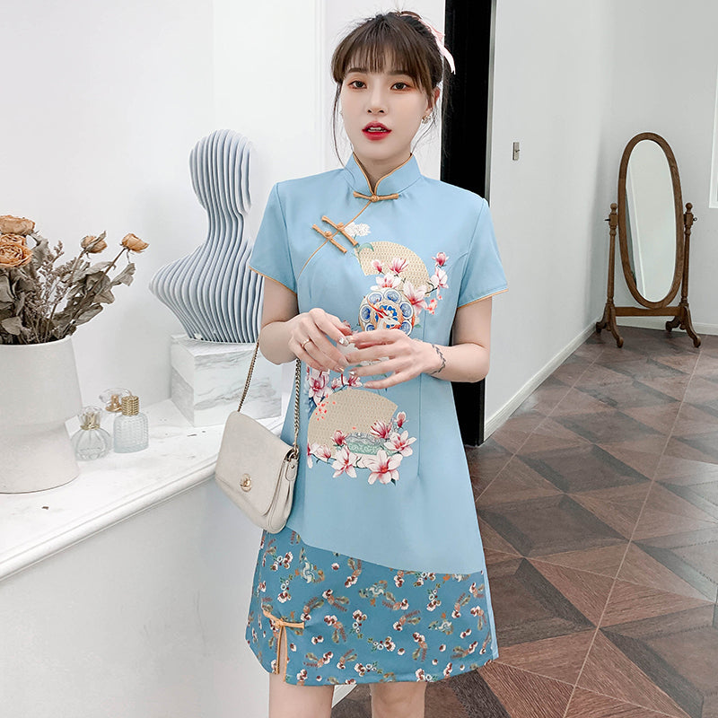 Plus Size Light Blue Oriental Cheongsam