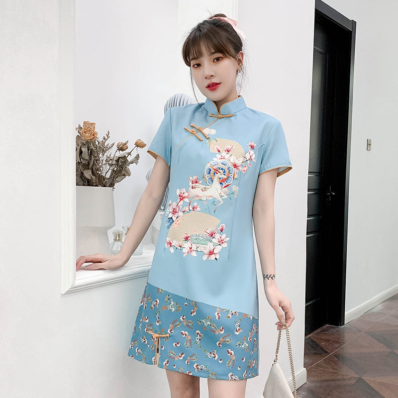 Plus Size Light Blue Oriental Cheongsam