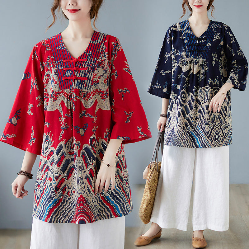 Plus Size Loose Oriental Print Cheongsam Blouse