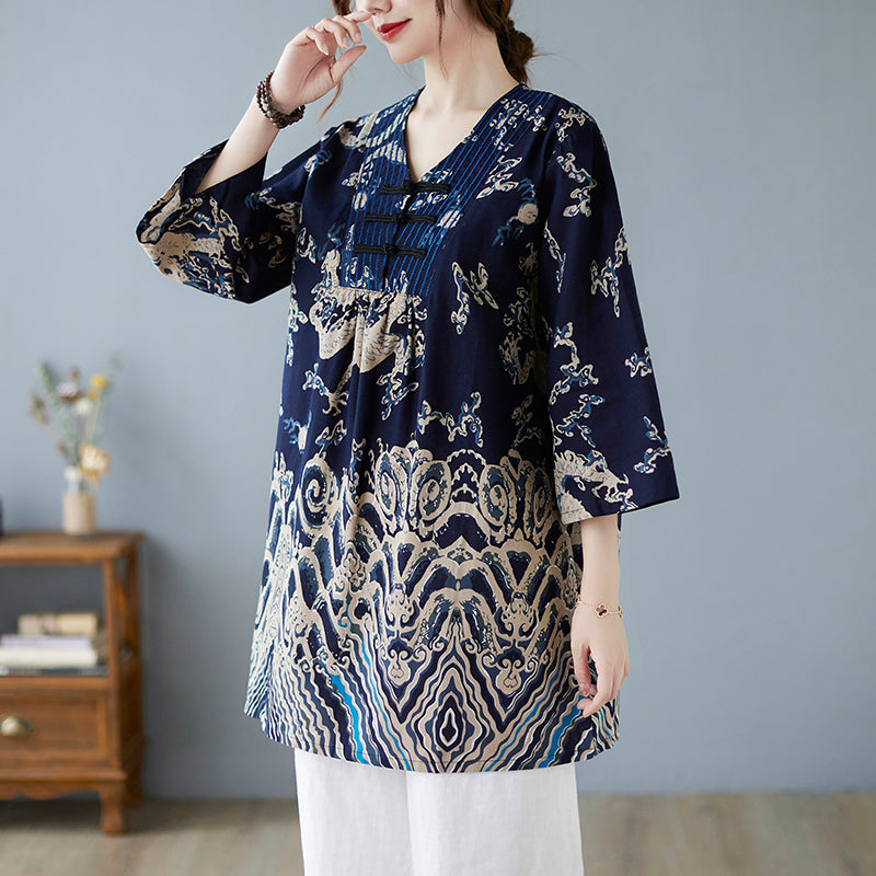 Plus Size Loose Oriental Print Cheongsam Blouse