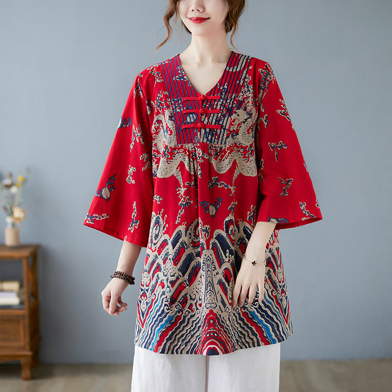 Plus Size Loose Oriental Print Cheongsam Blouse