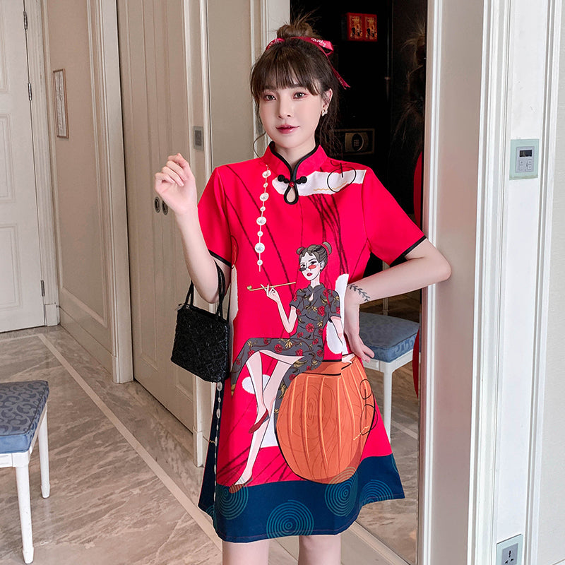 Plus Size Modern Girl Print Cheongsam Dress