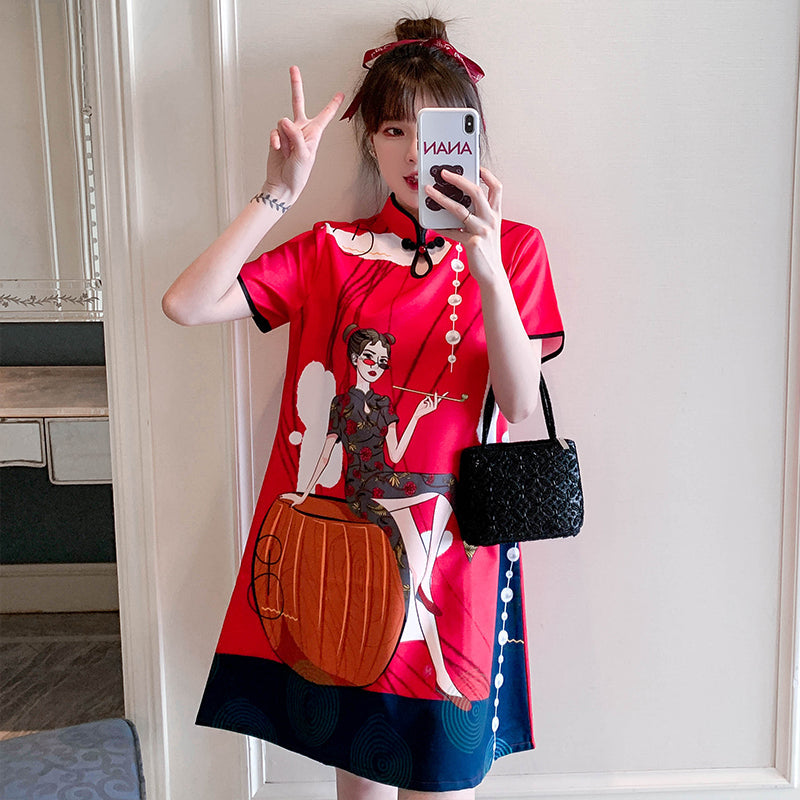 Plus Size Modern Girl Print Cheongsam Dress
