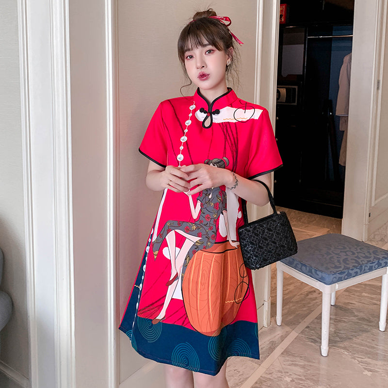 Plus Size Modern Girl Print Cheongsam Dress