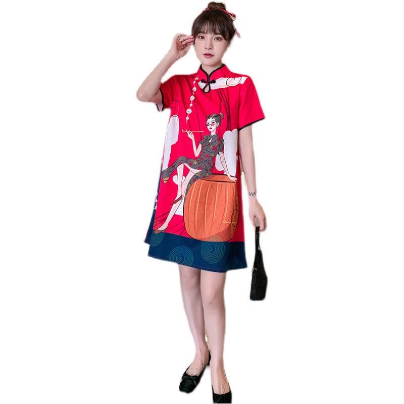 Plus Size Modern Girl Print Cheongsam Dress
