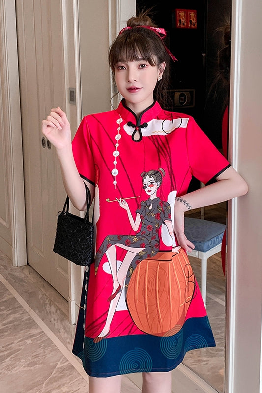 Plus Size Modern Girl Print Cheongsam Dress