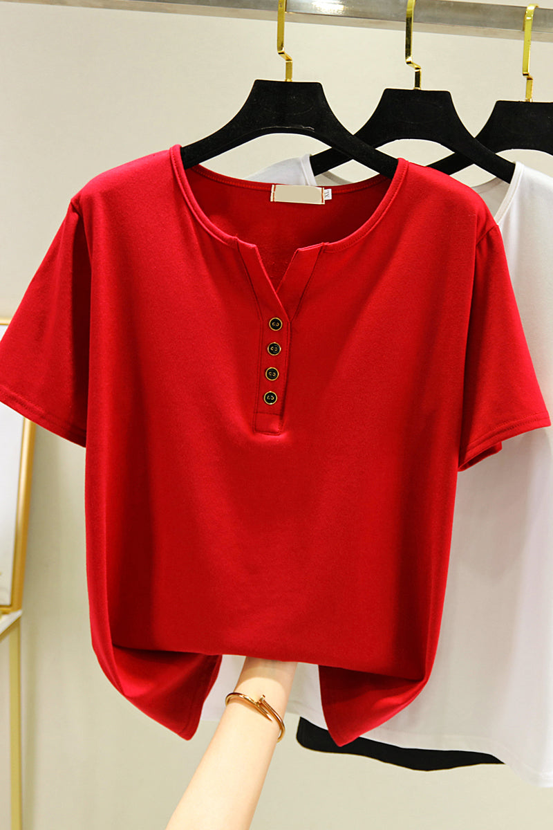 Plus Size Notch Neck Buttons T Shirt