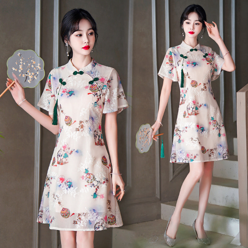 Plus size oriental print tassel cheongsam