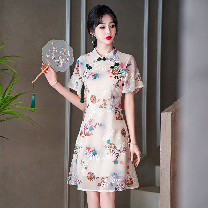 Plus size oriental print tassel cheongsam
