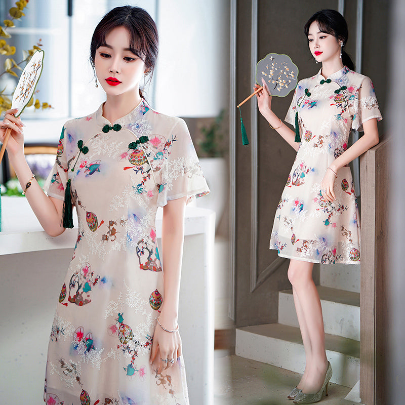 Plus size oriental print tassel cheongsam