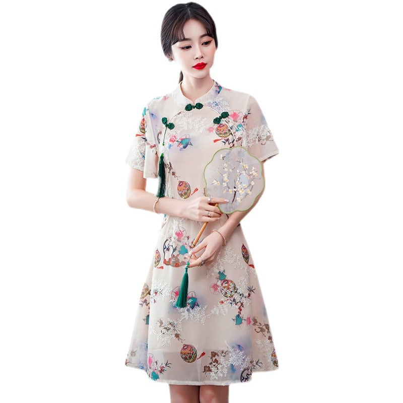 Plus size oriental print tassel cheongsam