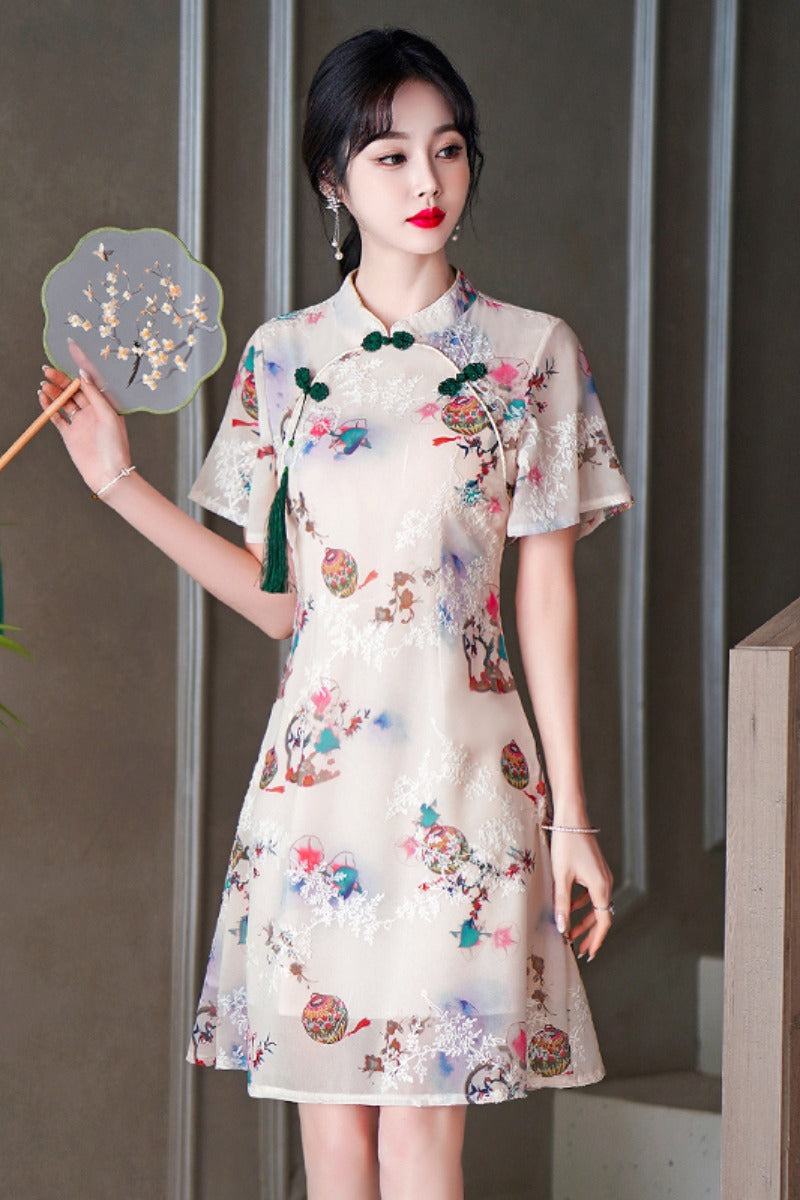 Plus size oriental print tassel cheongsam