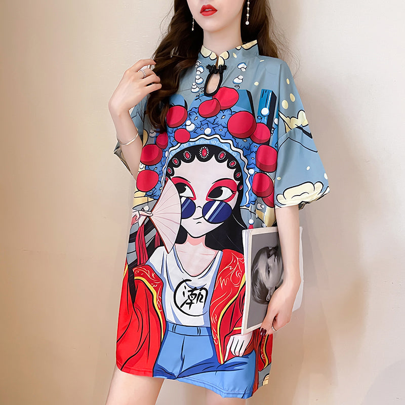 Plus Size Print Chinese Opera Girl Cheongsam Dress