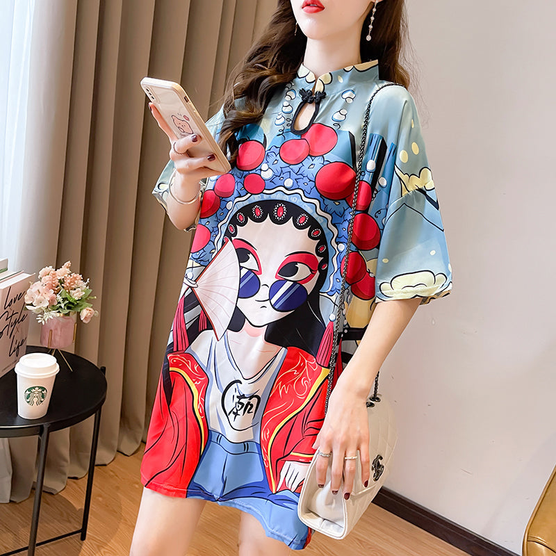 Plus Size Print Chinese Opera Girl Cheongsam Dress